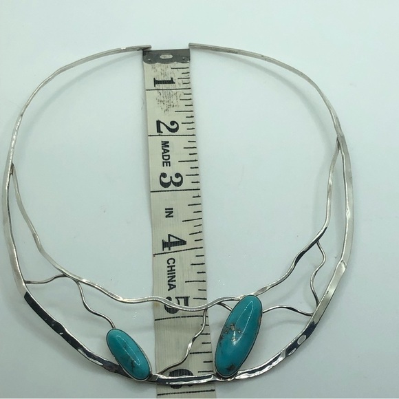 STERLING Silver & Turquoise Bib Collar Necklace Sits @ 10” - 12” Vintage - Picture 8 of 10